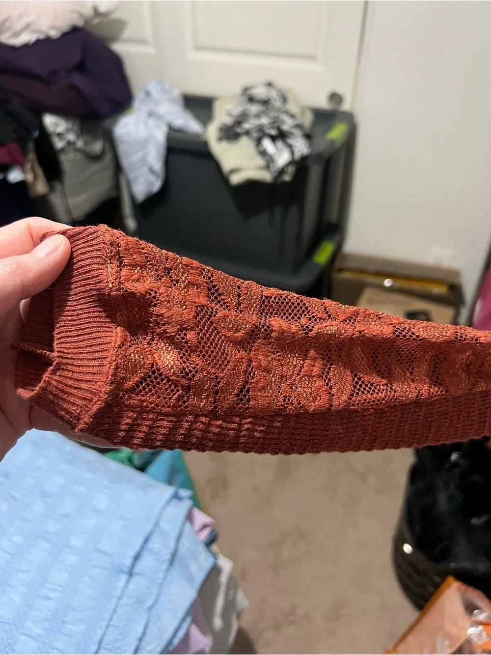 Free People Split - Back Boat Neck Rust /Terracotta Lace-Trim Sweater
